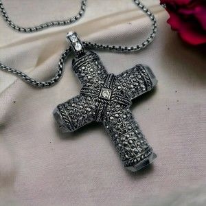 Cross Necklace Gun Metal Rhinestone Textured Religious Spiritual Pendant Jewelry